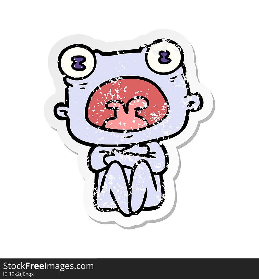 Distressed Sticker Of A Cartoon Weird Alien Huddled Up