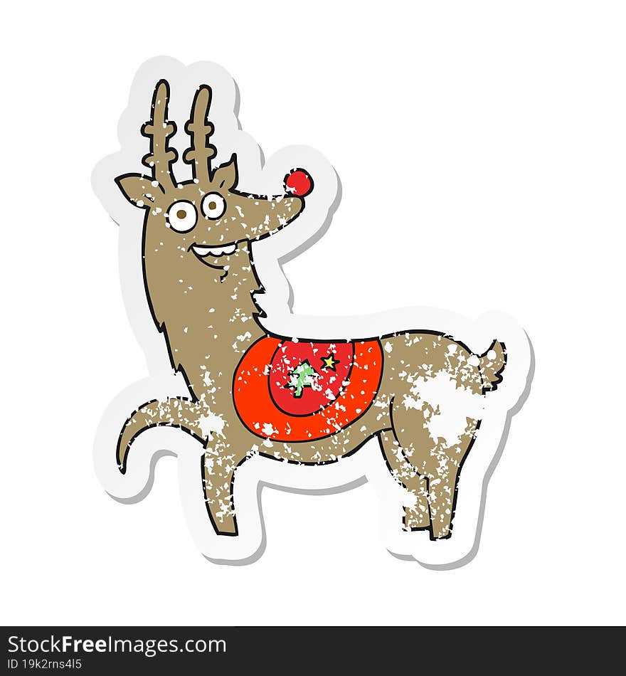 Retro Distressed Sticker Of A Cartoon Christmas Reindeer