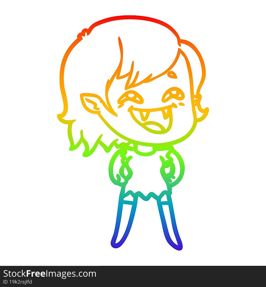 rainbow gradient line drawing of a cartoon laughing vampire girl