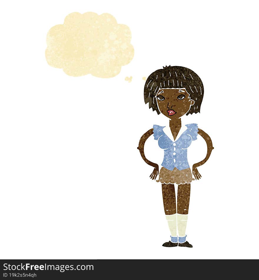 cartoon woman with hands on hips with thought bubble