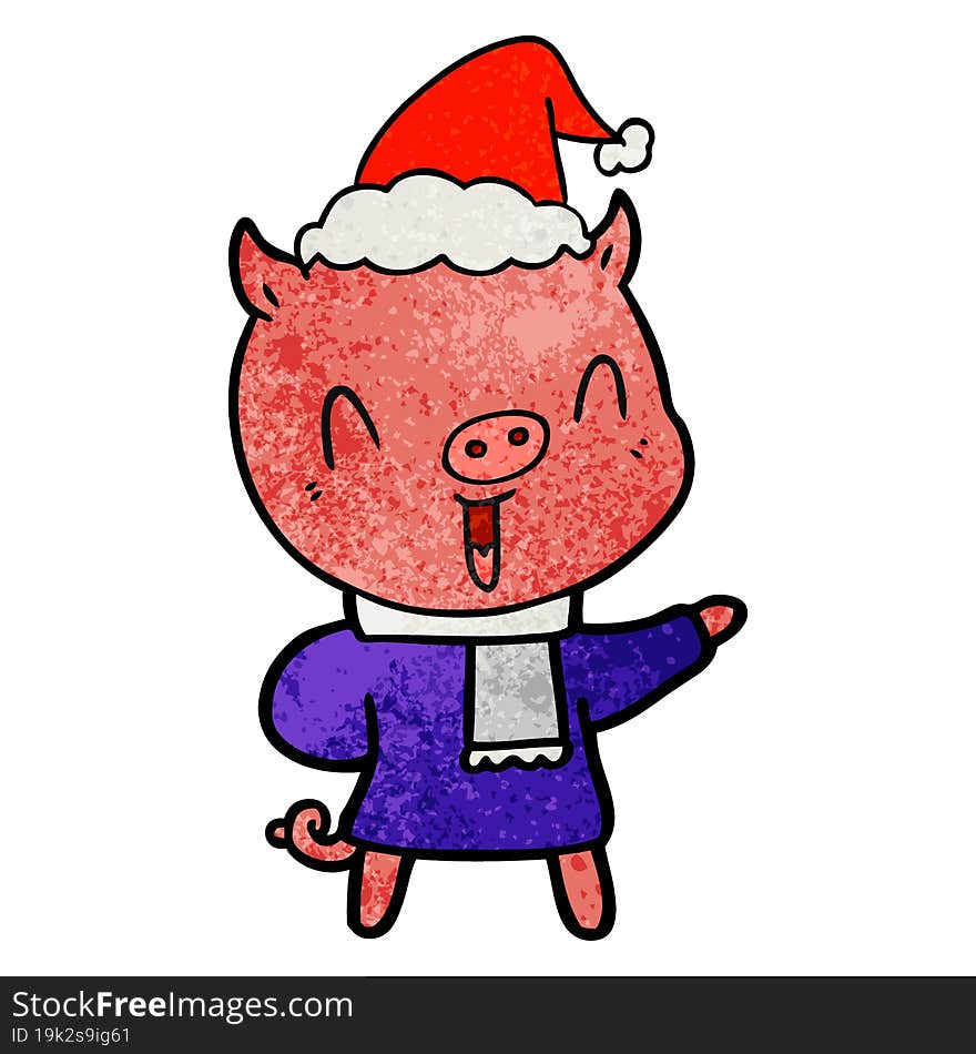 happy hand drawn textured cartoon of a pig in winter clothes wearing santa hat