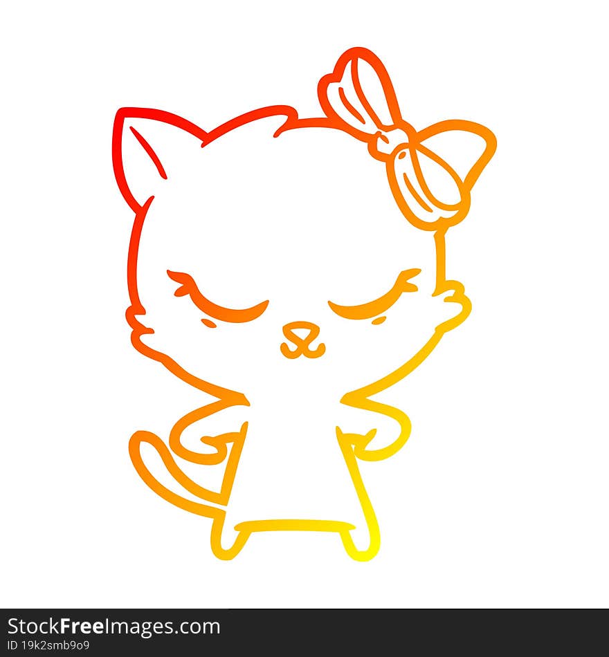 warm gradient line drawing cute cartoon cat with bow