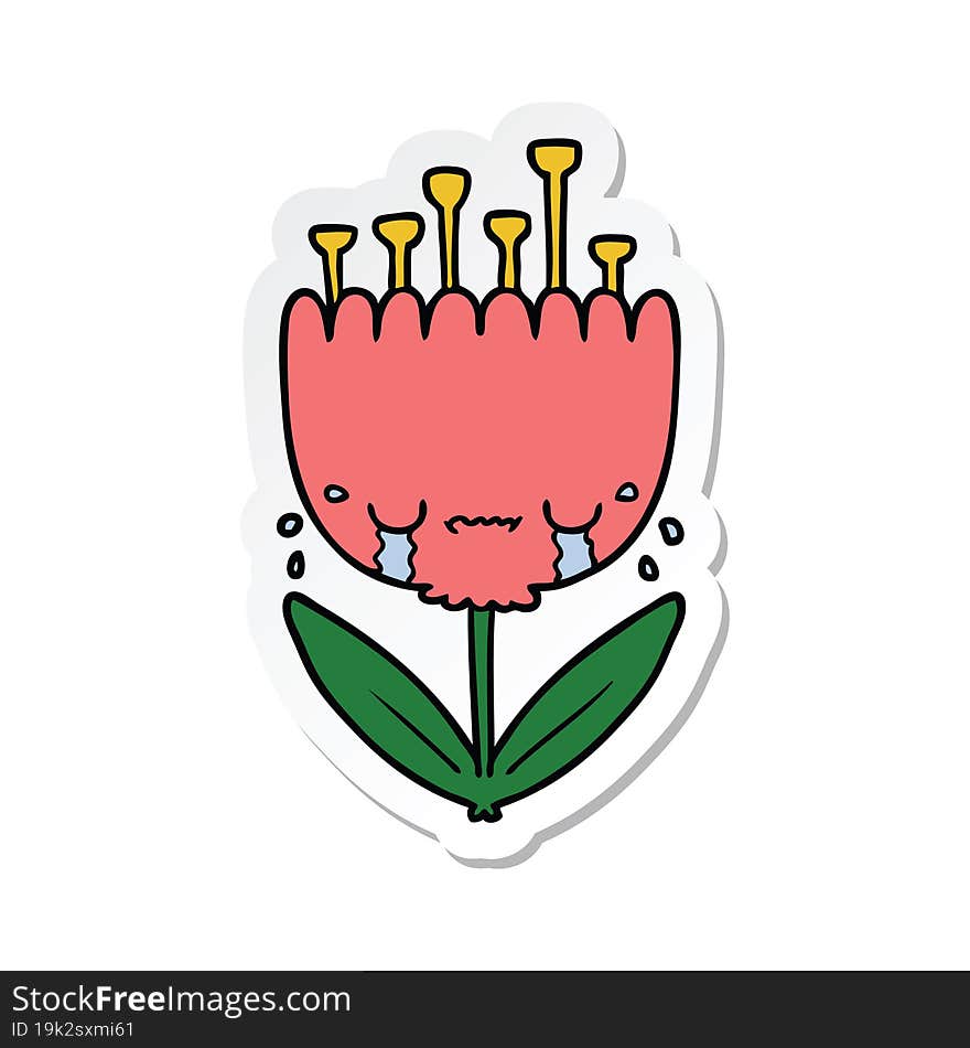 sticker of a crying cartoon flower