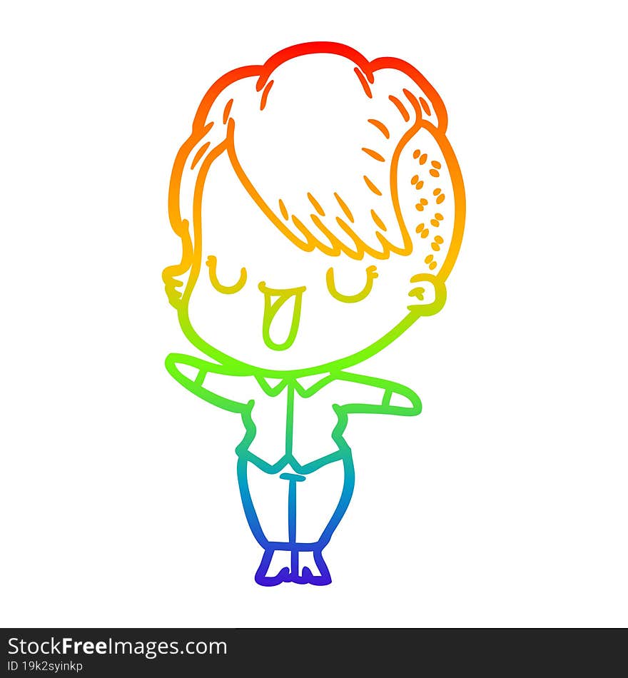 rainbow gradient line drawing of a cute cartoon girl with hipster haircut