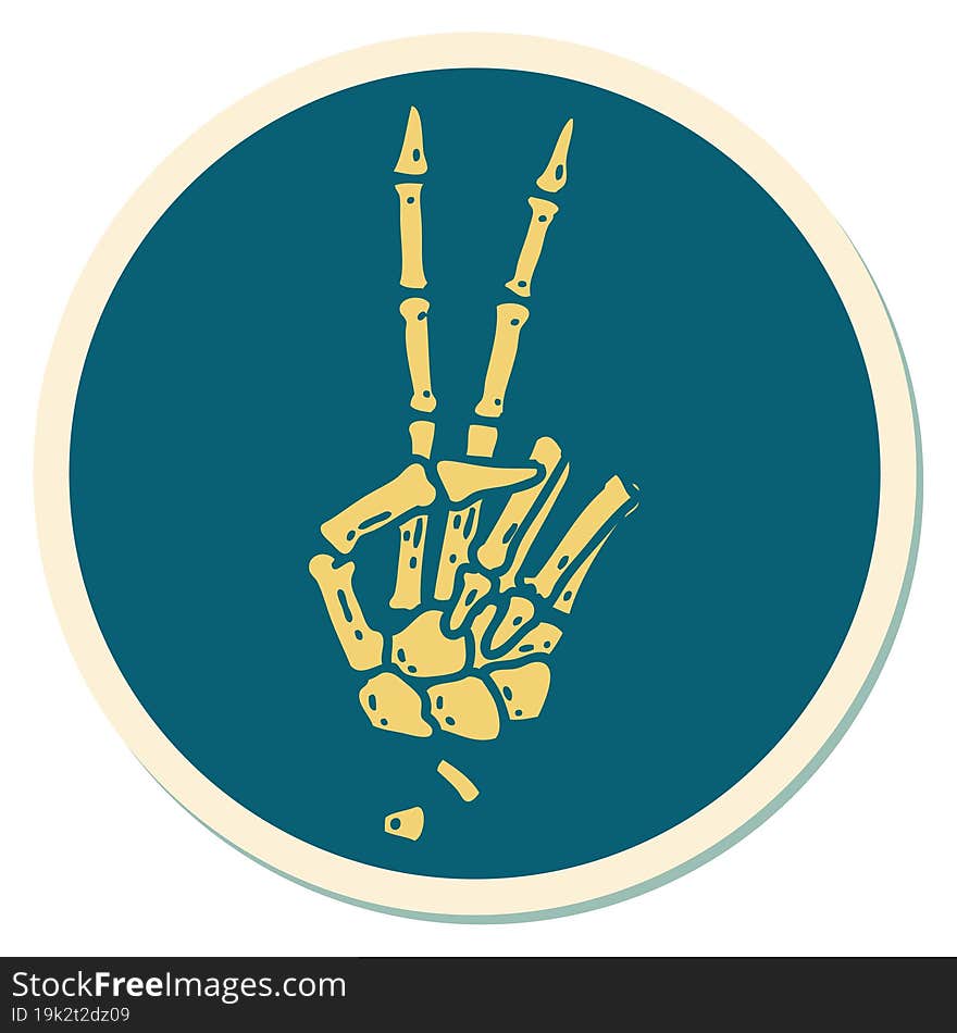 Tattoo Style Sticker Of A Skeleton Hand Giving A Peace Sign