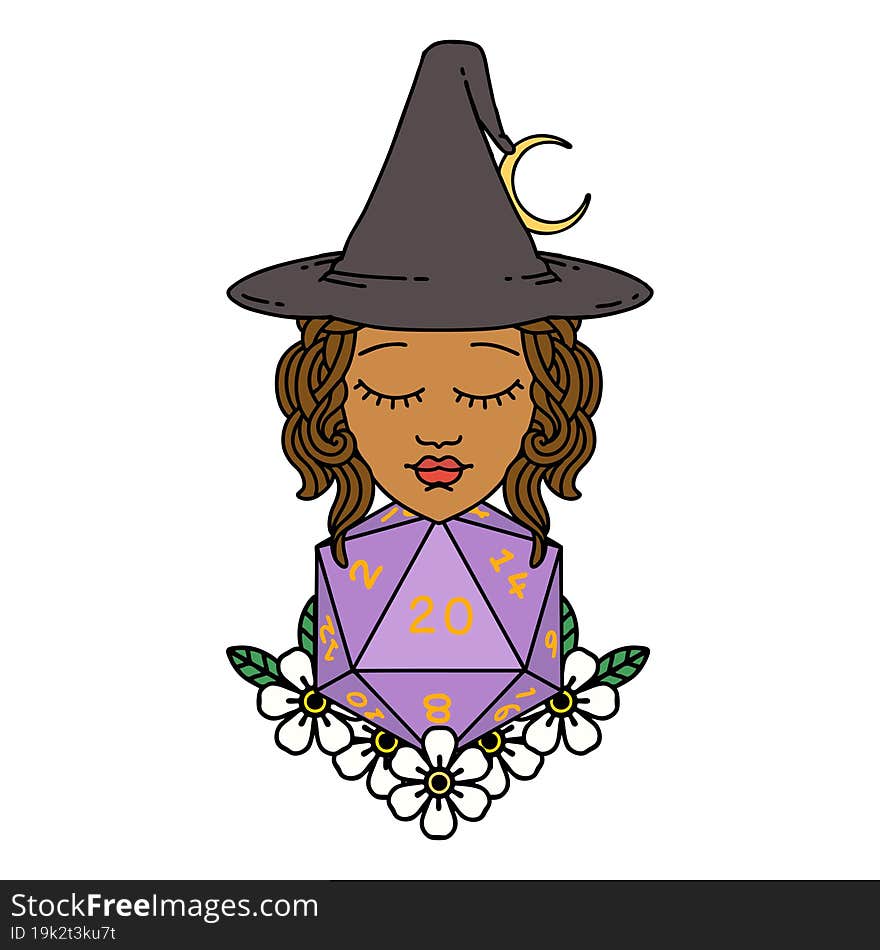 Human Witch With Natural Twenty Dice Roll Illustration