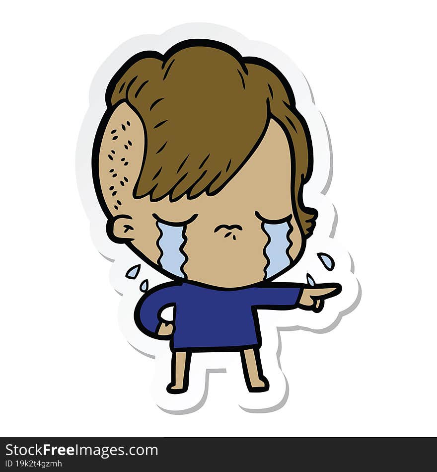 sticker of a cartoon crying girl accusing