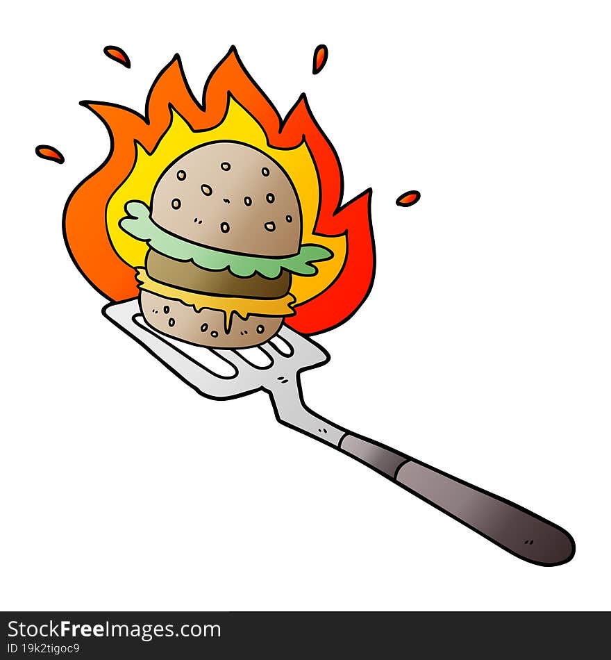 cartoon flaming burger on spatula. cartoon flaming burger on spatula