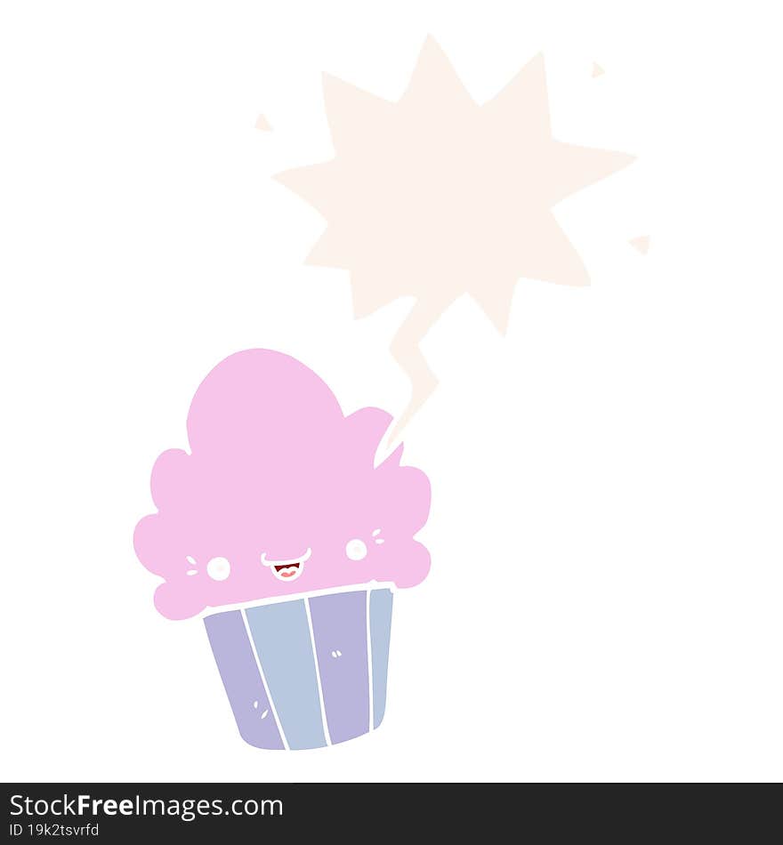 cartoon cupcake and face and speech bubble in retro style