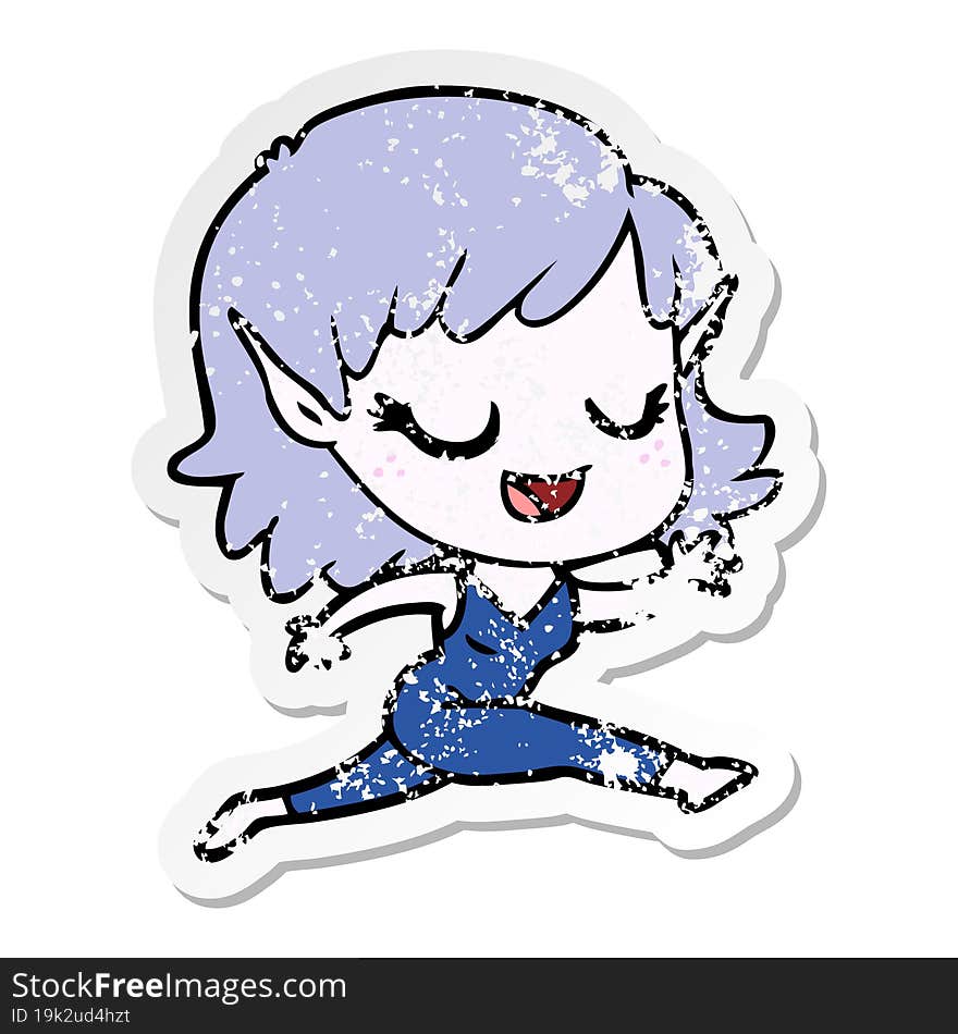 distressed sticker of a happy cartoon elf girl running