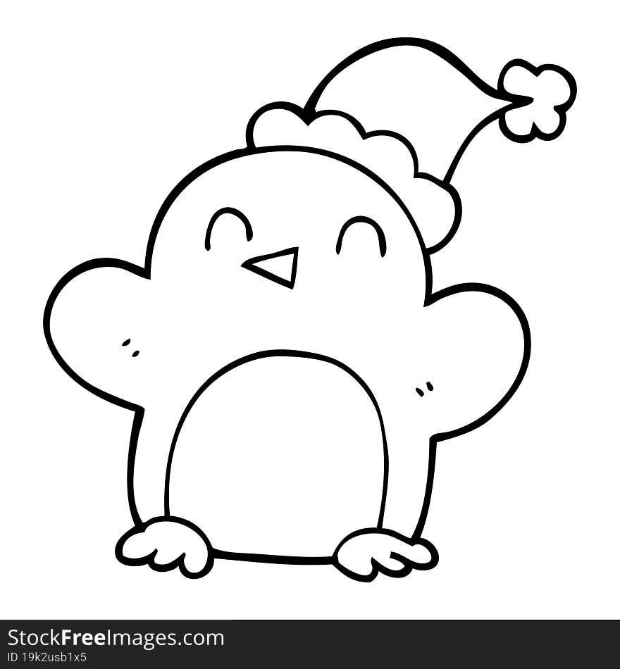 line drawing cartoon penguin wearing christmas hat