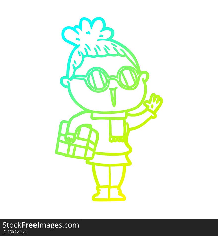 cold gradient line drawing of a cartoon woman wearing spectacles