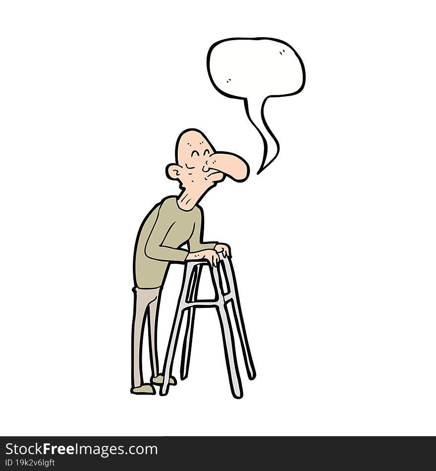 cartoon old man with walking frame with speech bubble