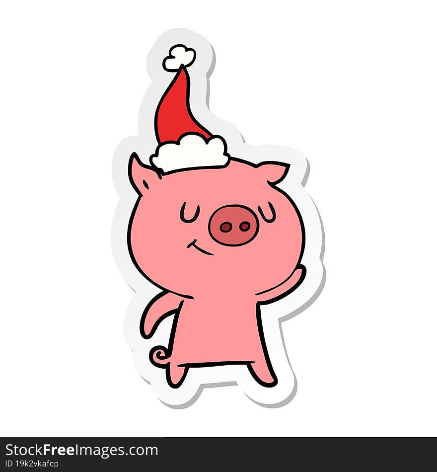 happy sticker cartoon of a pig wearing santa hat