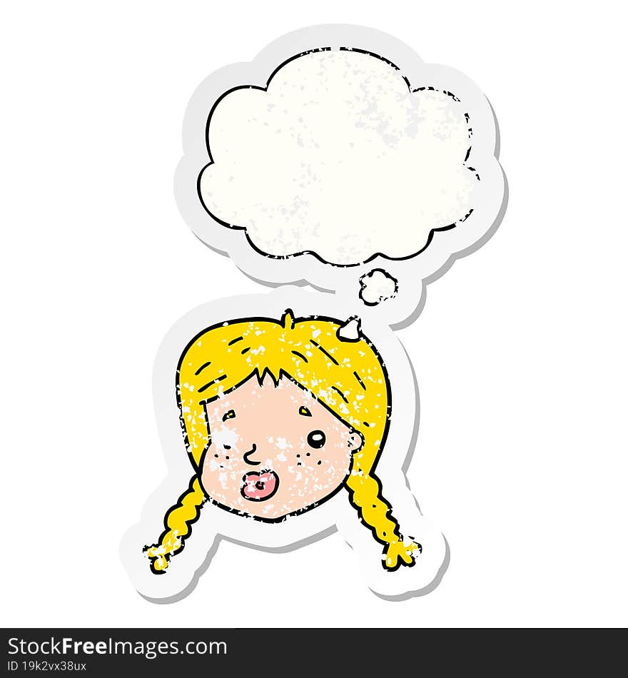 cartoon girls face and thought bubble as a distressed worn sticker