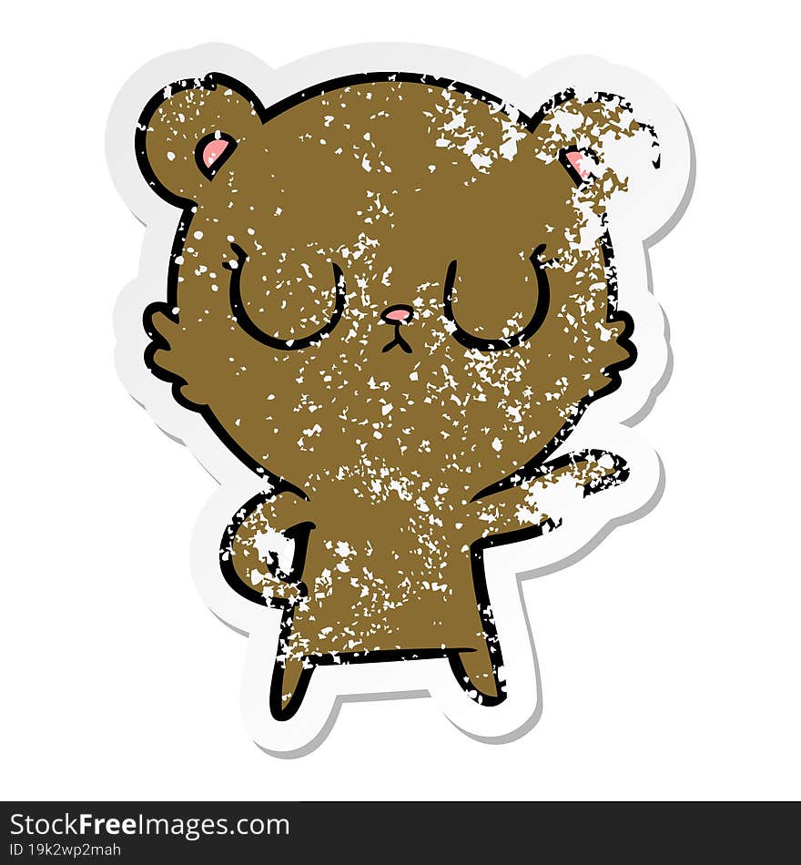 distressed sticker of a peaceful cartoon bear