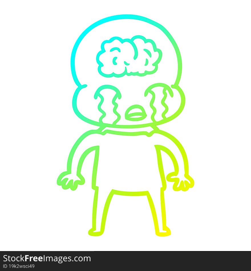 cold gradient line drawing cartoon big brain alien crying