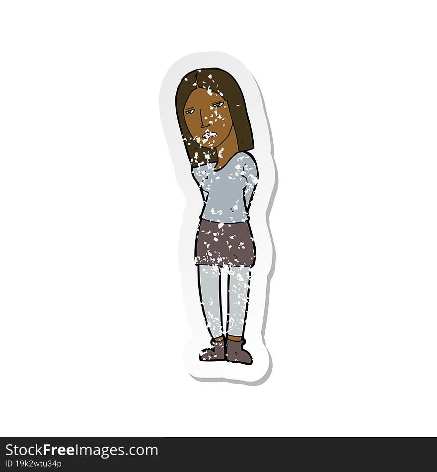 retro distressed sticker of a cartoon woman waiting