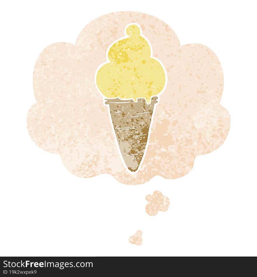 Cartoon Ice Cream And Thought Bubble In Retro Textured Style