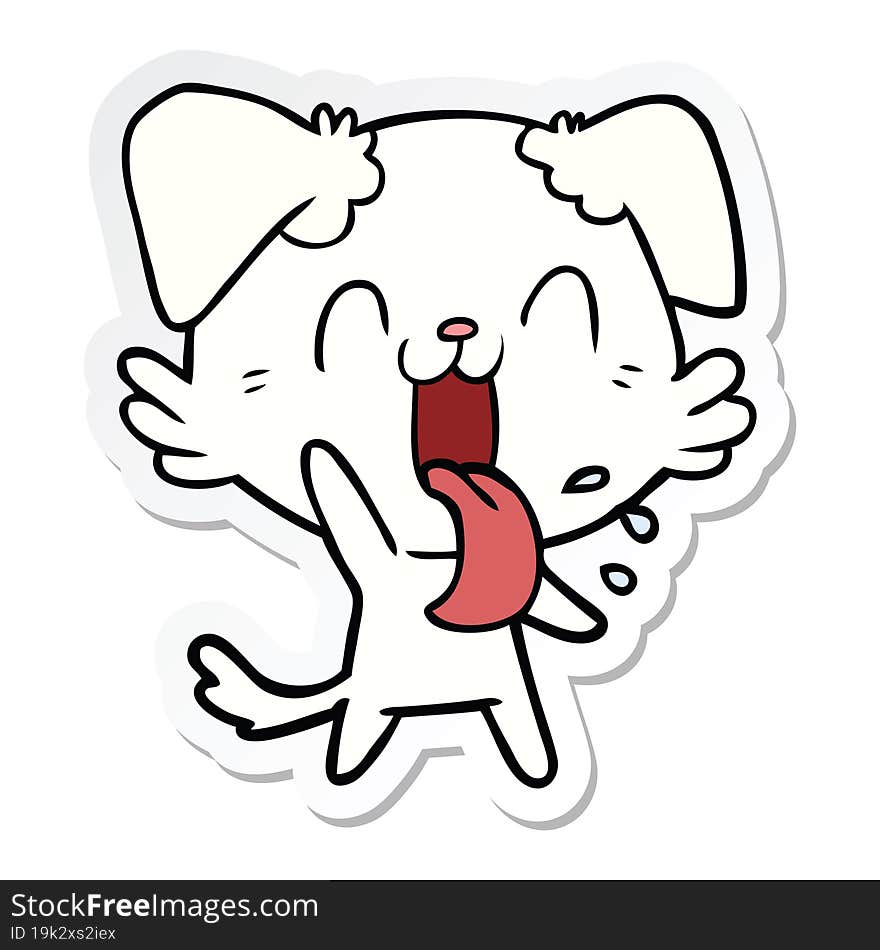 sticker of a cartoon panting dog waving