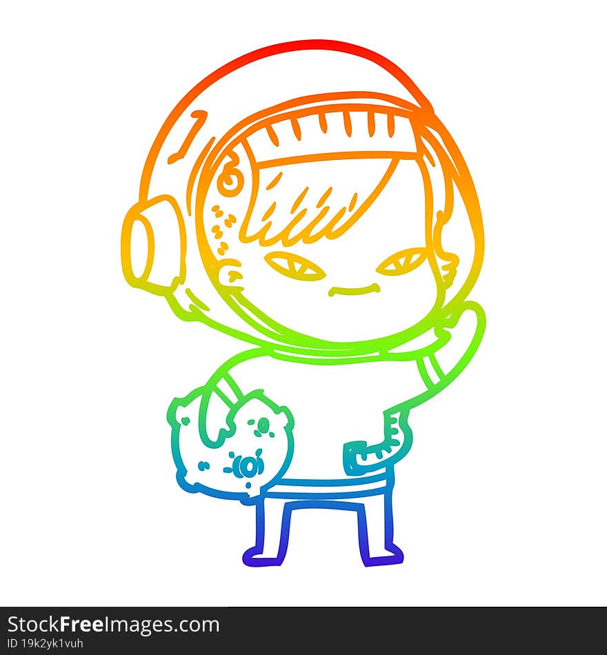 rainbow gradient line drawing of a cartoon astronaut woman