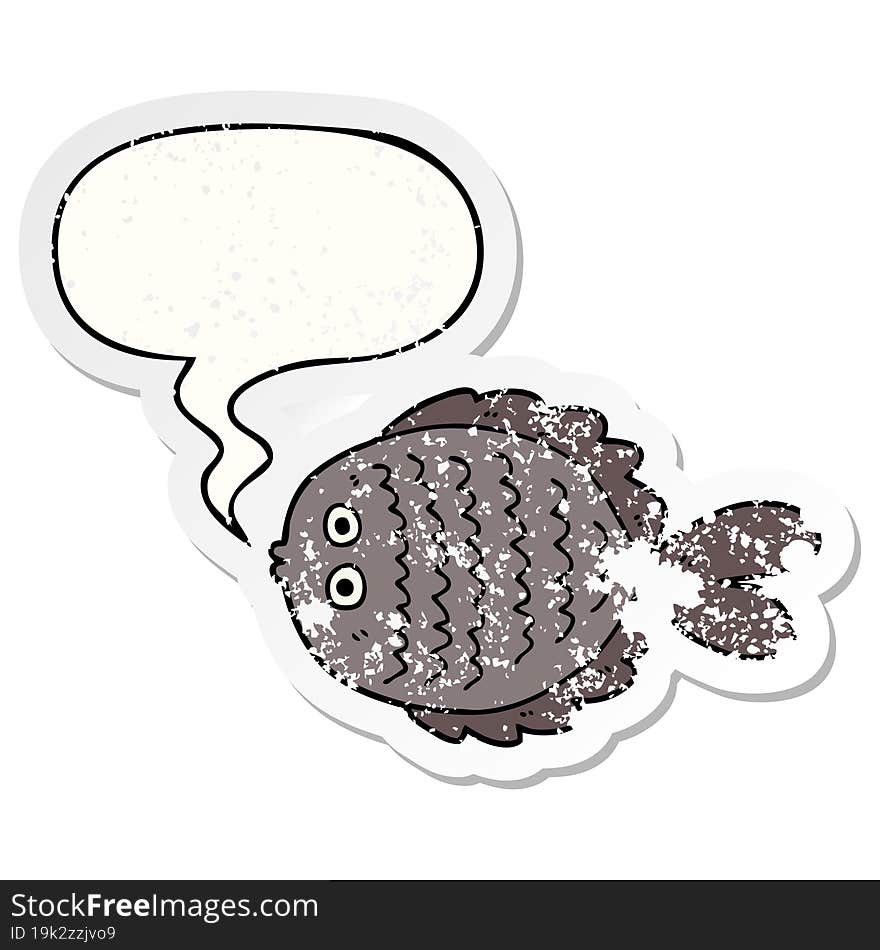 cartoon flat fish with speech bubble distressed distressed old sticker. cartoon flat fish with speech bubble distressed distressed old sticker