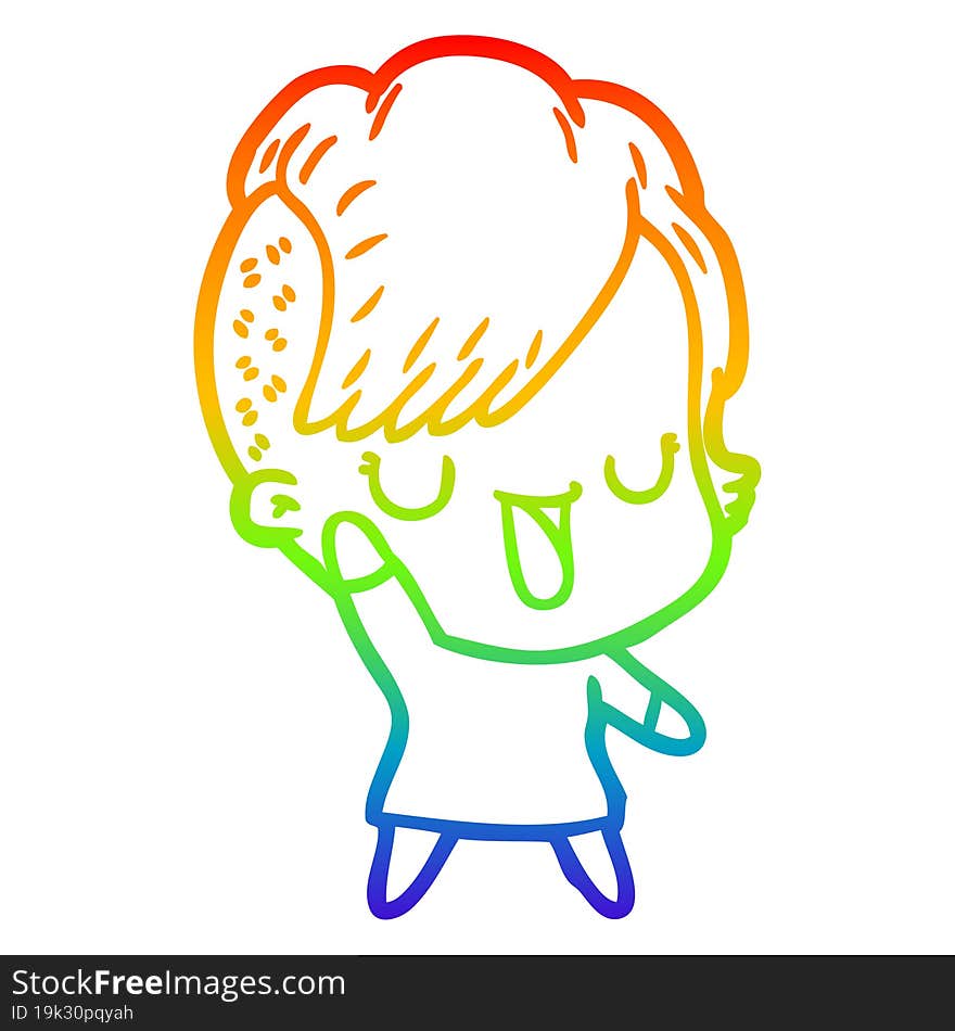 Rainbow Gradient Line Drawing Cute Cartoon Girl With Hipster Haircut