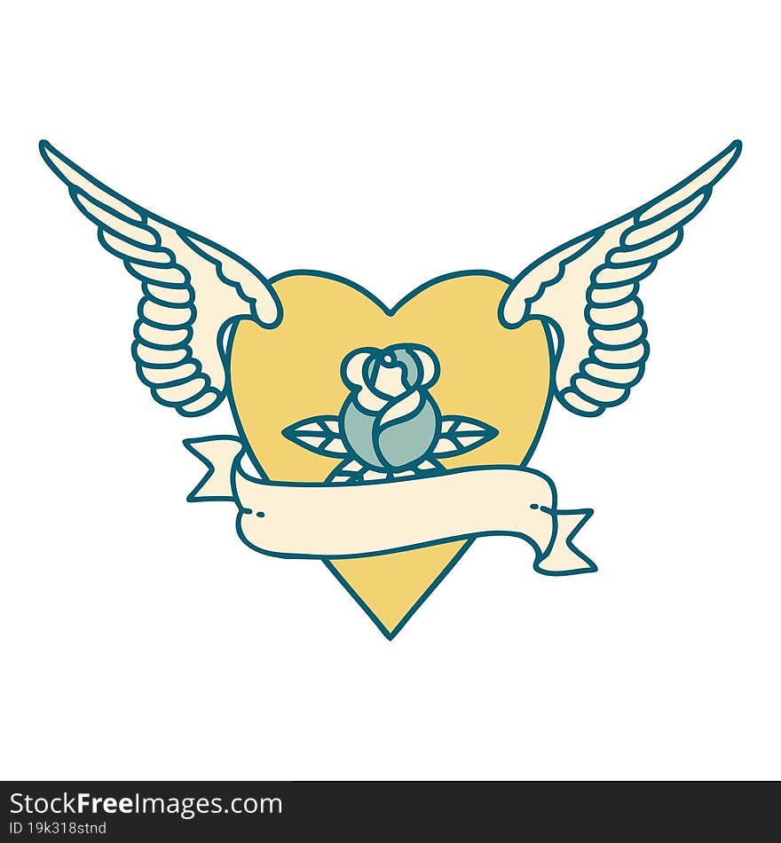 tattoo style icon of a heart with wings a rose and banner