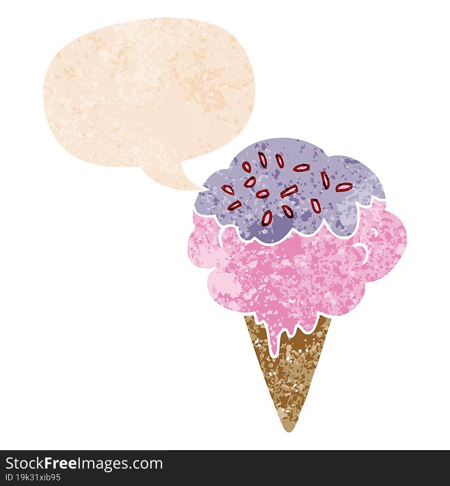 Cartoon Ice Cream And Speech Bubble In Retro Textured Style