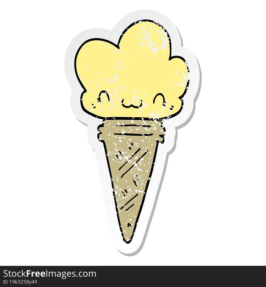 distressed sticker of a cartoon ice cream with face