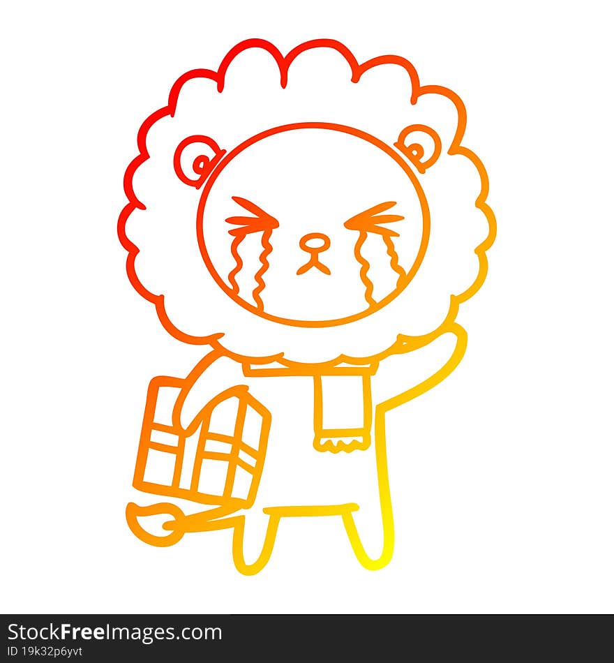 warm gradient line drawing of a cartoon crying lion