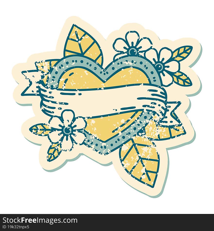 Distressed Sticker Tattoo Style Icon Of A Heart And Banner