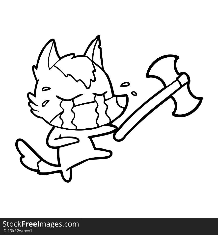 cartoon crying wolf throwing axe. cartoon crying wolf throwing axe