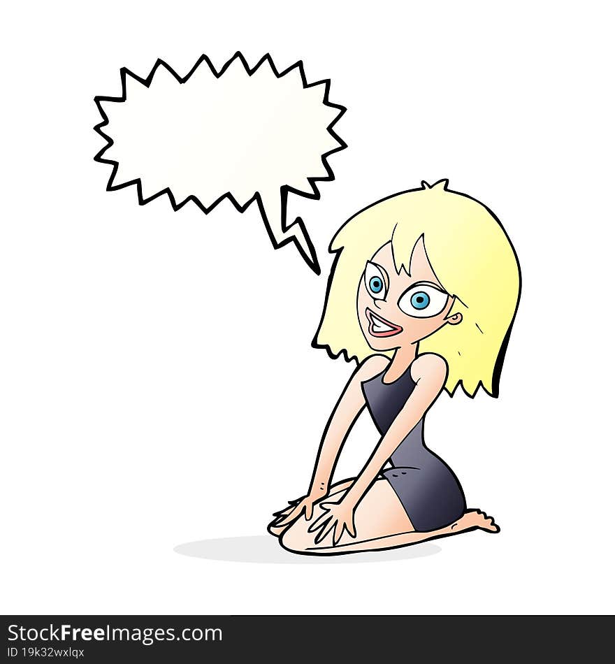 cartoon happy woman in dress with speech bubble