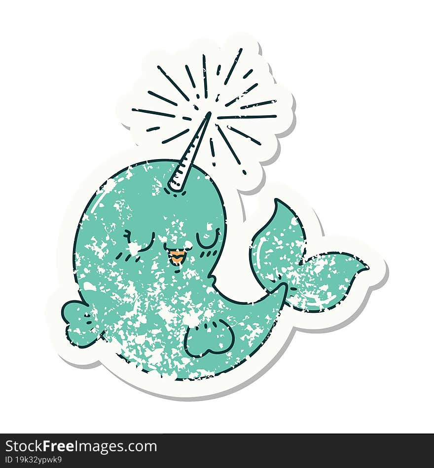 grunge sticker of tattoo style happy narwhal