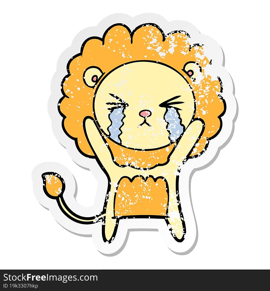 distressed sticker of a cartoon crying lion