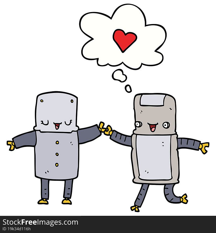 cartoon robots in love with thought bubble. cartoon robots in love with thought bubble