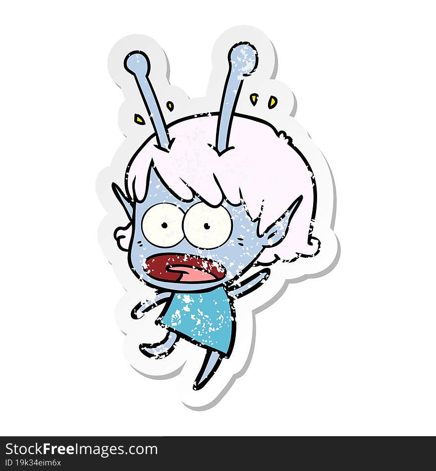 distressed sticker of a cartoon shocked alien girl