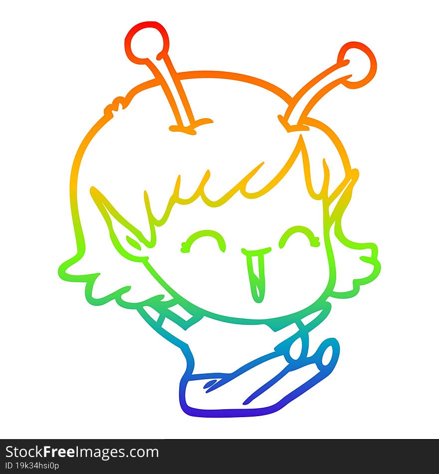 rainbow gradient line drawing of a cartoon alien girl laughing