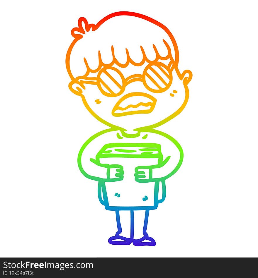 rainbow gradient line drawing cartoon boy hugging book wearing spectacles