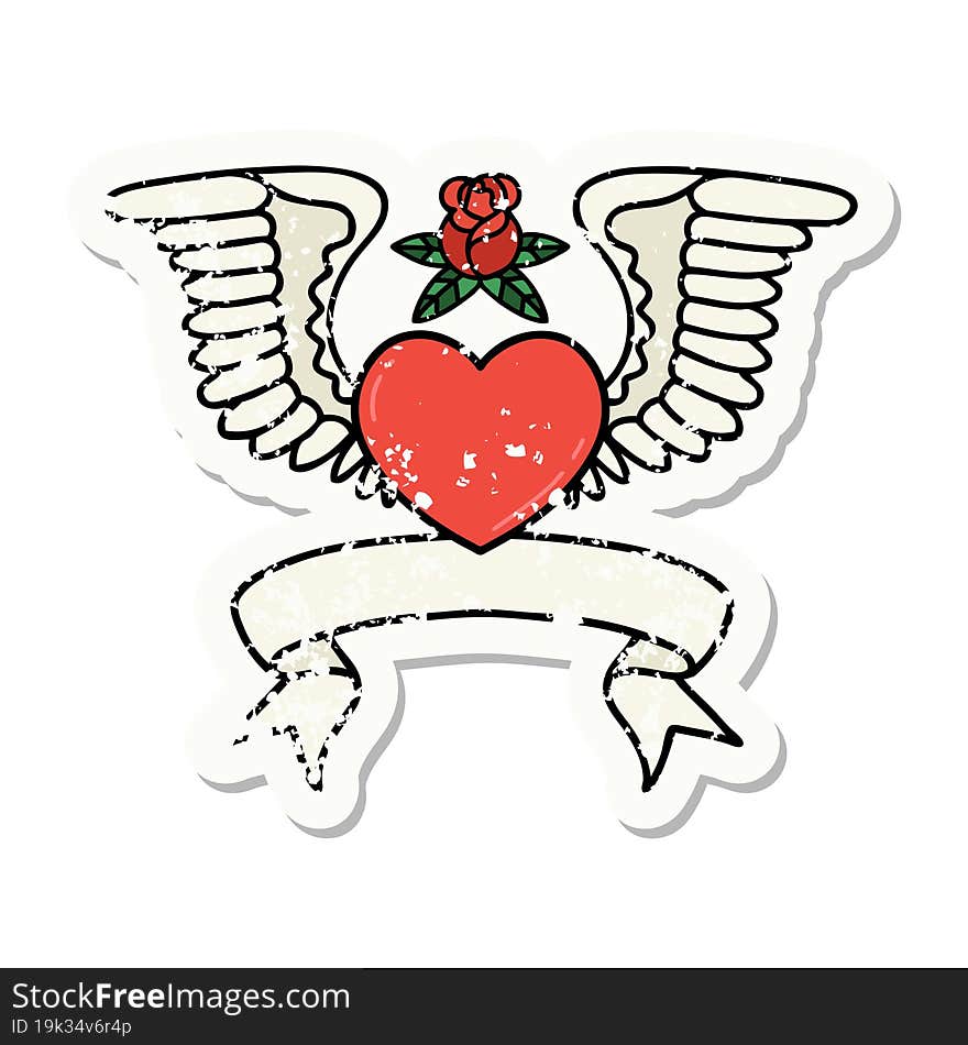 grunge sticker with banner of a heart with wings