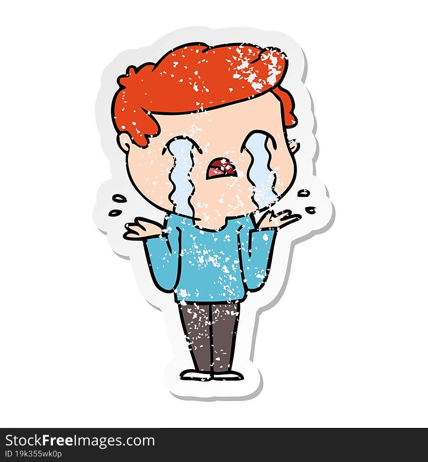 distressed sticker of a cartoon man crying