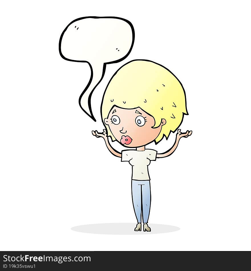 cartoon woman raising hands in air with speech bubble