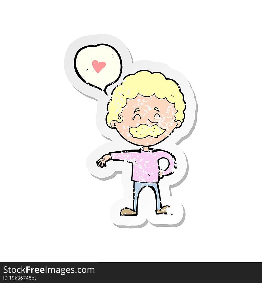 retro distressed sticker of a cartoon mustache man in love