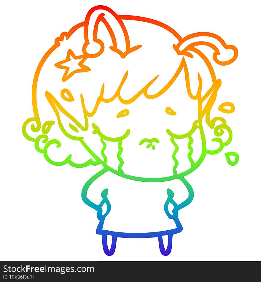 rainbow gradient line drawing cartoon crying alien girl