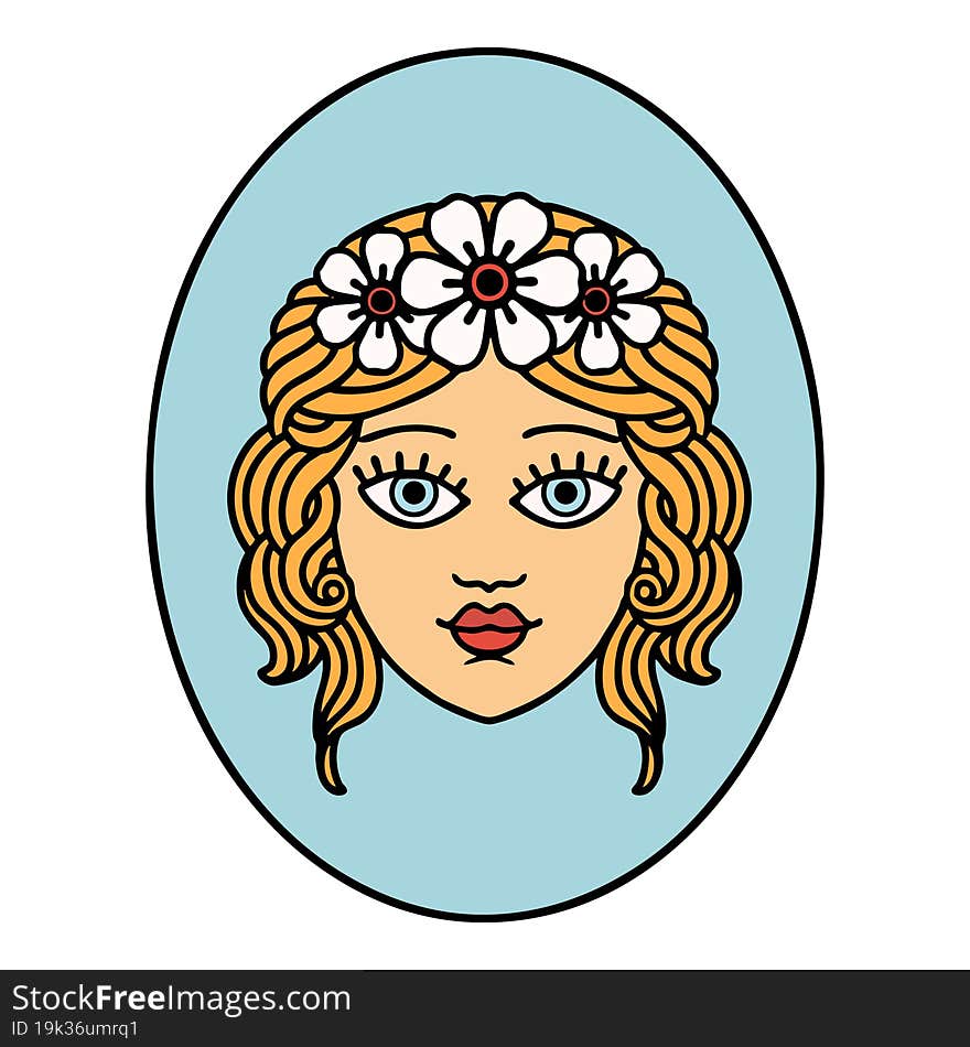 tattoo in traditional style of a maiden with crown of flowers. tattoo in traditional style of a maiden with crown of flowers