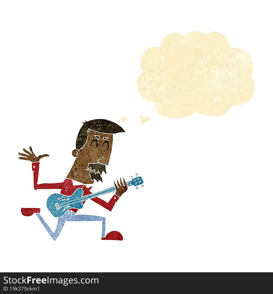 cartoon man playing electric guitar with thought bubble