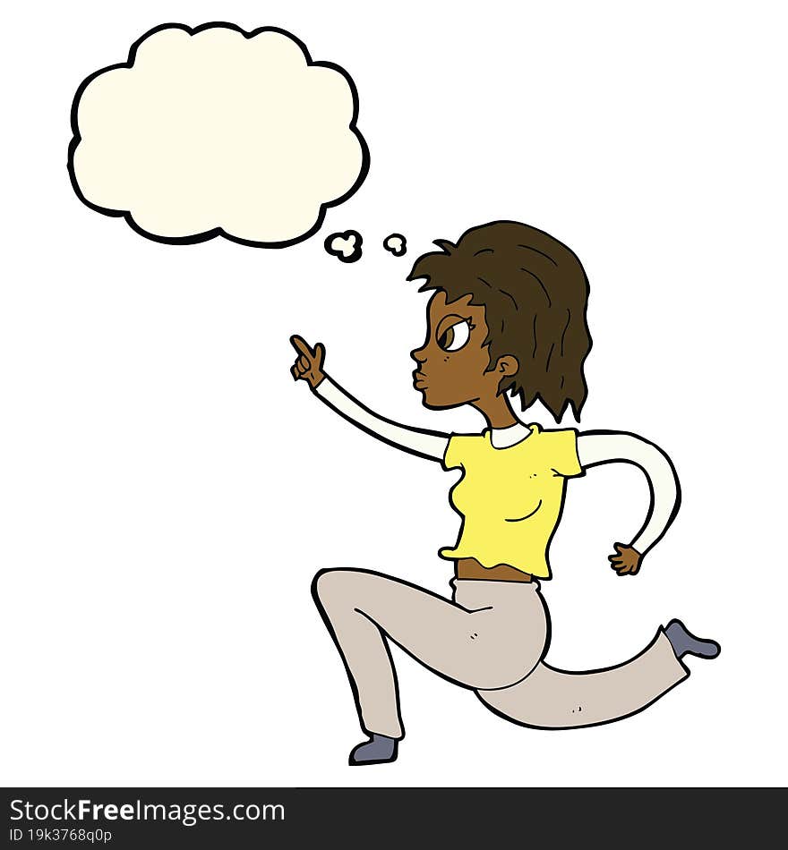 Cartoon Woman Running And Pointing With Thought Bubble