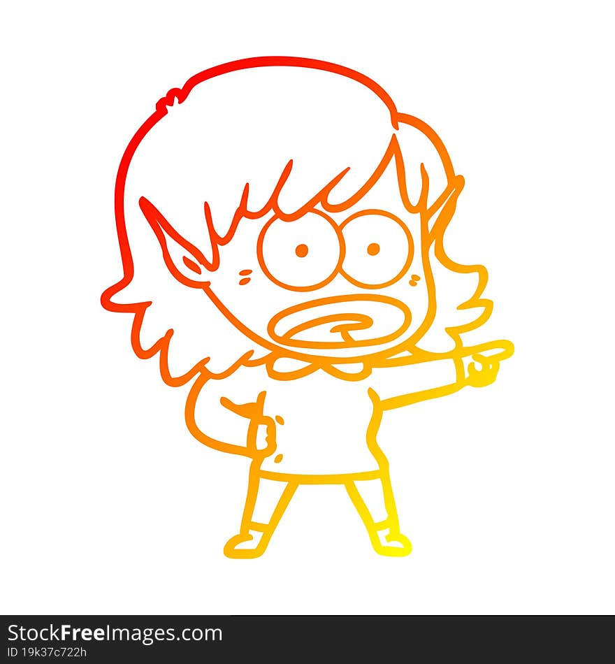 warm gradient line drawing cartoon shocked elf girl pointing