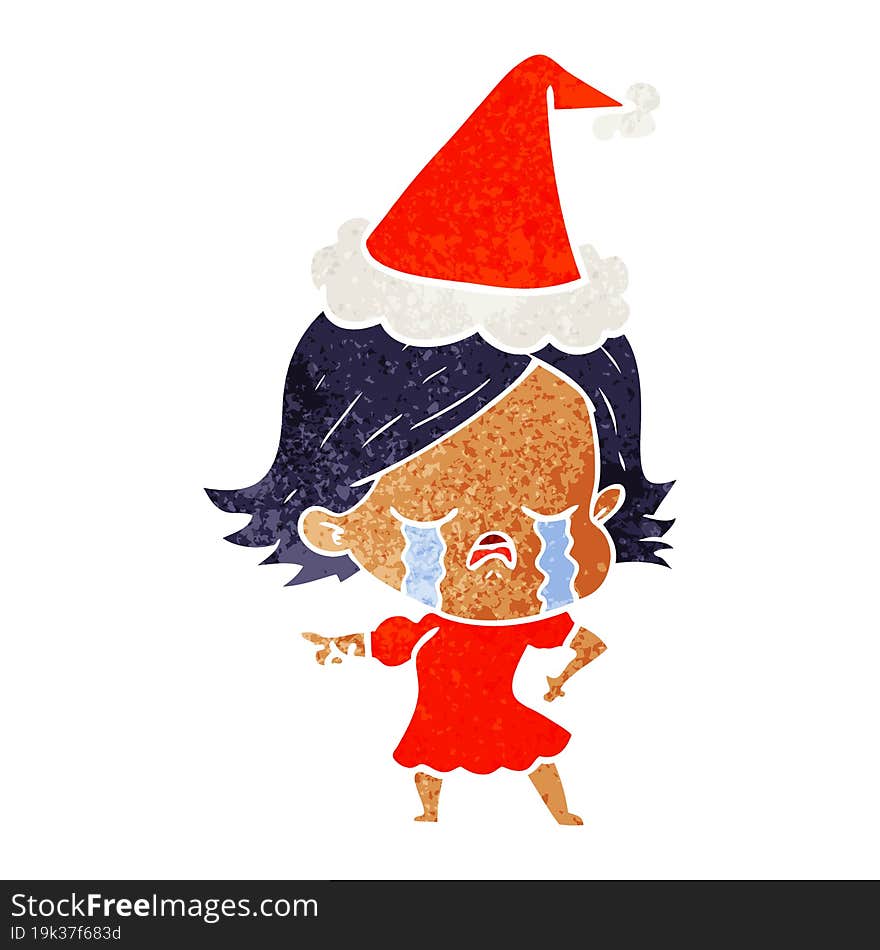 retro cartoon of a girl crying and pointing wearing santa hat